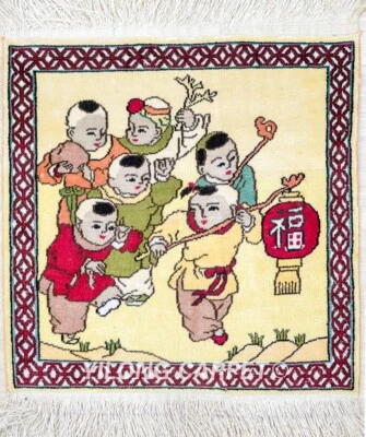 1x1ft Antique Hand Knotted Area Rug Mini Silk Carpet Kids Tapestry 023H - Image 1 of 4