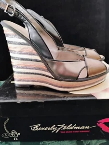 Beverly Feldman Bronze Striped(Black,White,Brown,Tan,Cream) Wedges 8M - Picture 1 of 7
