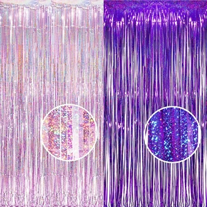 1 Purple 1 Pink Streamers Party Photo Backdrop - 3.2 Ft X 8.2 Ft Metallic Tinsel - Picture 1 of 9