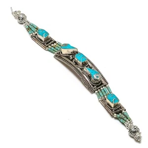 Tibetan Turquoise Gemstone 925 Sterling Silver Nepali Jewelry Bracelet for Gift - Picture 1 of 6
