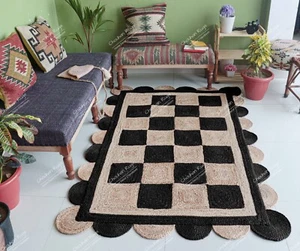 Beige Teppich & schwarzer Jutebereich Teppich indischer handgefertigter abstrakter böhmischer Teppichteppichteppich - Bild 1 von 7