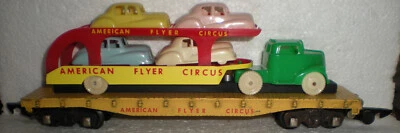 American Flyer Circus Train Yellow Flat Car with ALLIED CLOWN CAR TRANSPORTER  - Image 1 of 4