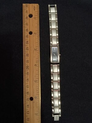 🔥 VINTAGE DKNY RECTANGLE WOMENS WATCH!! BLACK BRUSHED/SHINY STEEL SILVER LADIES - Image 1 of 4