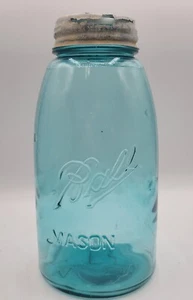 Vintage BALL MASON Quart Canning Jar Metal Lid Boyd Glass Insert Aqua Blue #41 - Picture 1 of 17