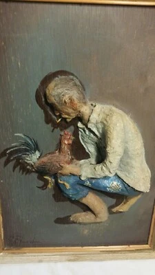 Antigua escultura de arte popular enmarcada en papel maché de anciano y gallo firmada YUMUL Foto 1 de 4