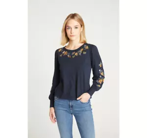 Top Driftwood Macey ricamato blu navy in peonia dorata taglia L $88 nuovo con etichette - Foto 1 di 8