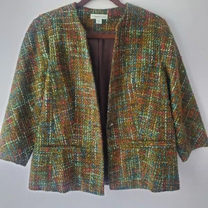 Blazer donna Coldwater Creek maniche 3/4 tweed multicolore taglia 12 ufficio carriera - Foto 1 di 13