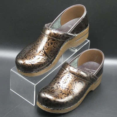 Dansko Women's Dark Brown Metallic Tooled Floral Nursing Clogs Size 39/ US 8.5-9 - Image 1 of 4