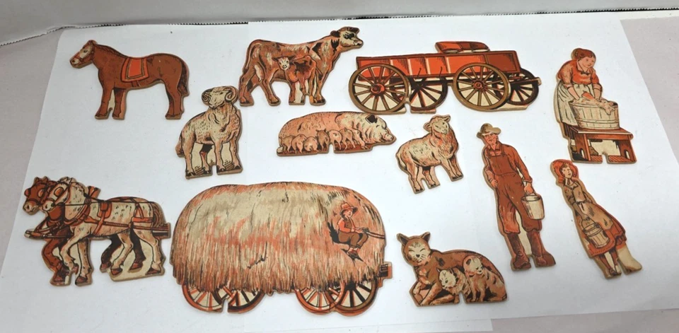 Juego de 12 piezas de madera/cartón vintage de animales de granja Sears Milton Bradley Foto 1 de 4