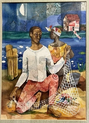 FRED JONES Chicago Artist Original Watercolor Painting “The Fisherman’s Catch” - Image 1 of 4