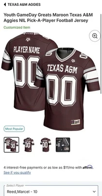 Camiseta de fútbol americano juvenil L granate Texas A&M Aggies NIL Pick-A-Player 10 Marcel Reed Foto 1 de 2