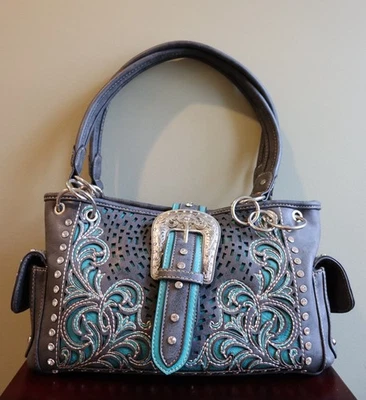 NUEVO Cartera de Transporte Montana West Turquesa y Gris Oculta Hebilla Occidental Plateada Foto 1 de 4