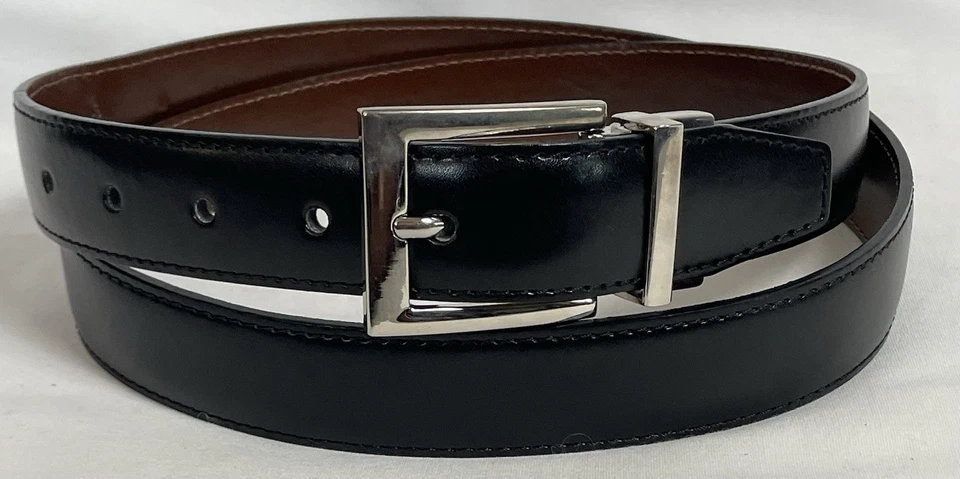 Cinturón de vestir reversible para hombre talla 44 negro marrón imitación cuero hebilla plateada Foto 1 de 4