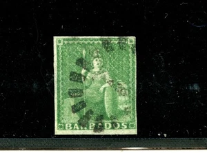 Barbados #5a (B543) Britannia 1857 1/2 P gelbgrün, gebraucht, sehr schön, CV 125,00 $ - Bild 1 von 2