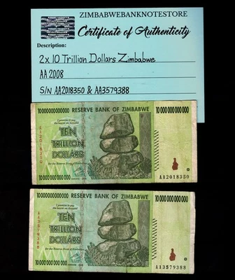 2 x 10 万亿津巴布韦元钞票损坏正品 AA2018350 AA3579388 — 第 1/3 张图片