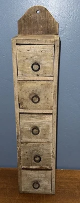 "Estante colgante de pared de madera primitivo vintage de 5 cajones, cajón de especias de pared 19"" T" Foto 1 de 4