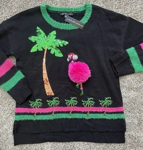 Holiday Women’s Pink Flamingo Ugly Xmas Sweater L 12-14 Faux Fur Trim Beach - Picture 1 of 8
