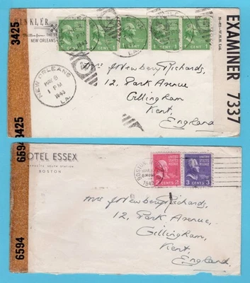USA 2 censored Hotel covers 1943 New Orleans, Boston to England with prexys - Image 1 of 2