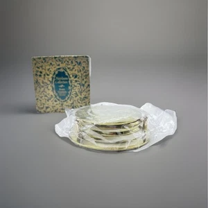 Heriloom Collection Of 6 Brass Coasters 3 3/4 In Wide With Holder Item Unused - Picture 1 of 19