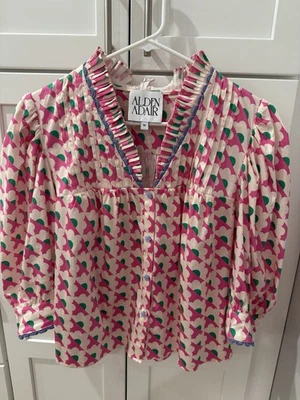 Alden Adair Blouse Women's Med Pink Green Star Buttons Pleats Beautifully Made - Image 1 of 4