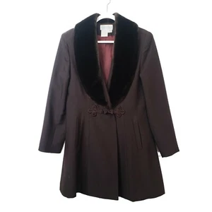 TOGETHER! Mocha Brown Mid Length Faux Fur Trimmed Designer Coat Sz 8 - Picture 1 of 7