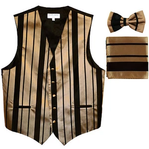 New Men's vertical stripes Tuxedo Vest Waistcoat_bowtie & hankie black mocca - Picture 1 of 4