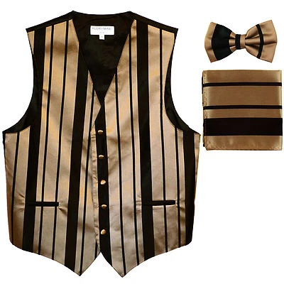 New Men's vertical stripes Tuxedo Vest Waistcoat_bowtie & hankie black mocca  - Image 1 of 4