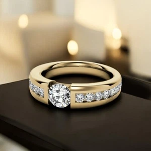 Lab Grown 1.90 Ct Round Cut Diamond Mens Ring 18K Yellow Gold Band 6.5 MM - Picture 1 of 12