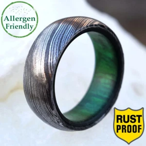 Maßgeschneiderter grün gefärbter Holzärmel Damaststahl Ring Herren Hochzeitsband für ihn - Bild 1 von 11