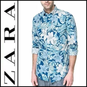  ZARA MENS Denim BLUE Floral Print Cotton Slim Fit Casual Shirt Men's ~ XL M3020 - Picture 1 of 12