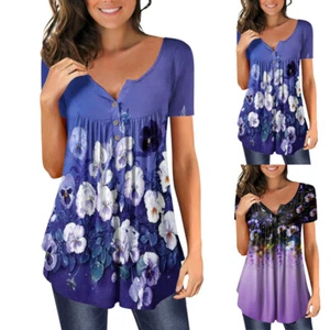 Women Floral Button V Neck T-Shirt Short Sleeve Casual Loose Ruffle Tunic Tops - Picture 1 of 13