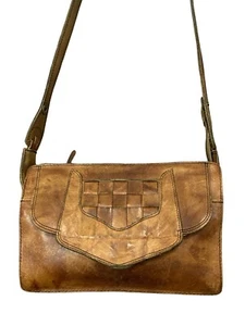 VTG 60S 70S TAN BROWN LEATHER WESTERN BOHO WOVEN SHOULDER BAG - Picture 1 of 6