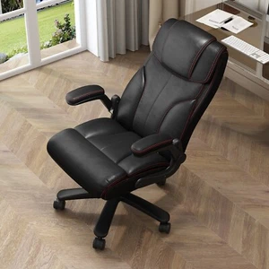 Executive Office Chair PU Leather High Back Desk Chair with Flip-up Arms Black - Picture 1 of 6