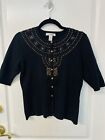 WD NY Black Short Sleeve Womens Medium Cardigan Sweater Button with Wooden Beads
