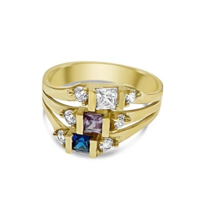 14k Yellow Gold Mother 3 Birthstone Ring White Purple Blue Multicolor CZ - Image 1 of 2