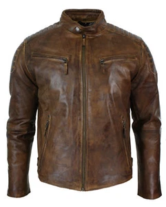 Mens Vintage Biker Style Moto Biker Cafe Racer Brown Distressed Leather Jacket - Picture 1 of 3