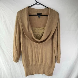 Alfani Cowl Neck Sweater Gold Sparkle Lace 3 quater Sleeve Pullover Size XL - Picture 1 of 13