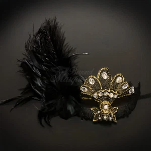Mardi Gras Venetian Feather Masquerade Mask for Women Black Gold M8337  - Picture 1 of 4