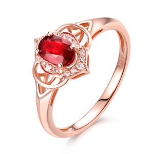  18K Rose Gold Diamond & Ruby Engagment Wedding Fine Women Vintage Ring