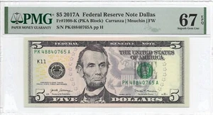 2017A $5 DALLAS FRN. PMG Superb Gem Uncirculated 67 EPQ Banknote. - Picture 1 of 2