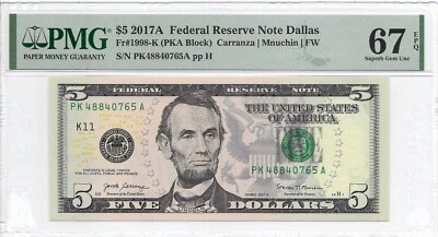 2017A $5 DALLAS FRN. PMG Superb Gem Uncirculated 67 EPQ Banknote. - Image 1 of 2