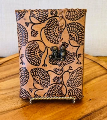 Handmade Brown Leather Journal Book lock rugged diary Embossed Fans - Image 1 of 4