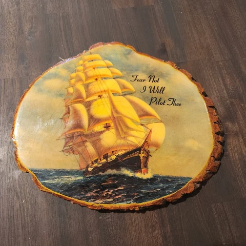 Wall Art Hanging Sailboats "Fear Not I Will Pilot Thee" Wood Slice Vintage Cover