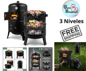 BBQ Charcoal Grill Outdoor Barbecue Pit Smoker with 3 Levels Patio Backyard Blac - Picture 1 of 10