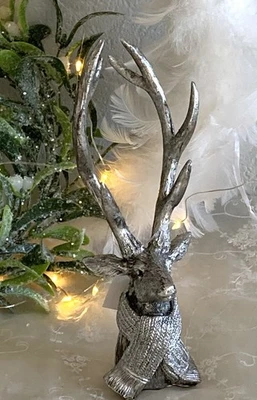 Hirsch Hirschkopf m. Schal Geweih Rentier Rentierkopf, Büste Figur Silber, 21 cm - Bild 1 von 3