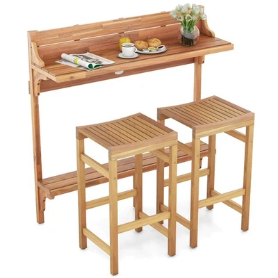 3 PCS Acacia Wood Balcony Table Set w/ Shelf Footrest Curved Wood Seat - Image 1 of 4