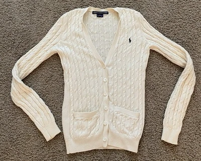 Cardigã Ralph Lauren esporte feminino branco marfim malha cabo botão suéter tamanho XS - Imagem 1 de 4