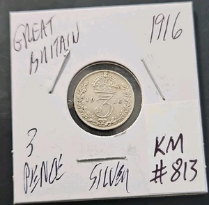 1916  Great Britain Silver (.925) Threepence - UK - 3 Pence Coin (KM.#813) - Picture 1 of 2
