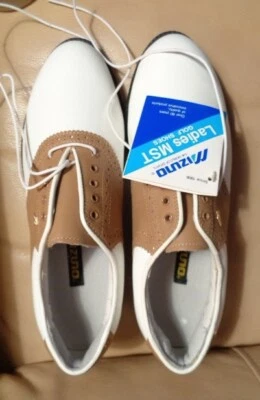 Ladies MST Golf Shoes Mizuno white tan sz 9 M leather 9384 NWOB - Image 1 of 4