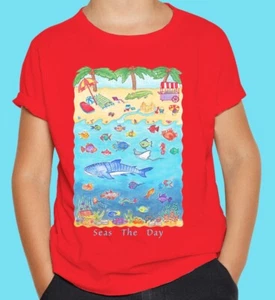 Beach T shirts: Red T shirt "Seas the Day" Children T shirt. Whale shark T shirt - Picture 1 of 11